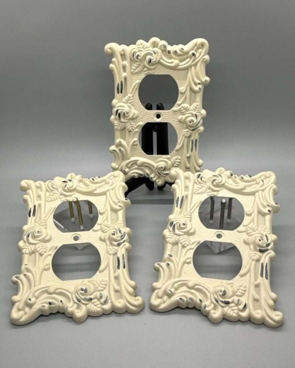 Lot of 3 AmerTac Antique White Rose Outlet Wall Plates Shabby Cream Cottagecore